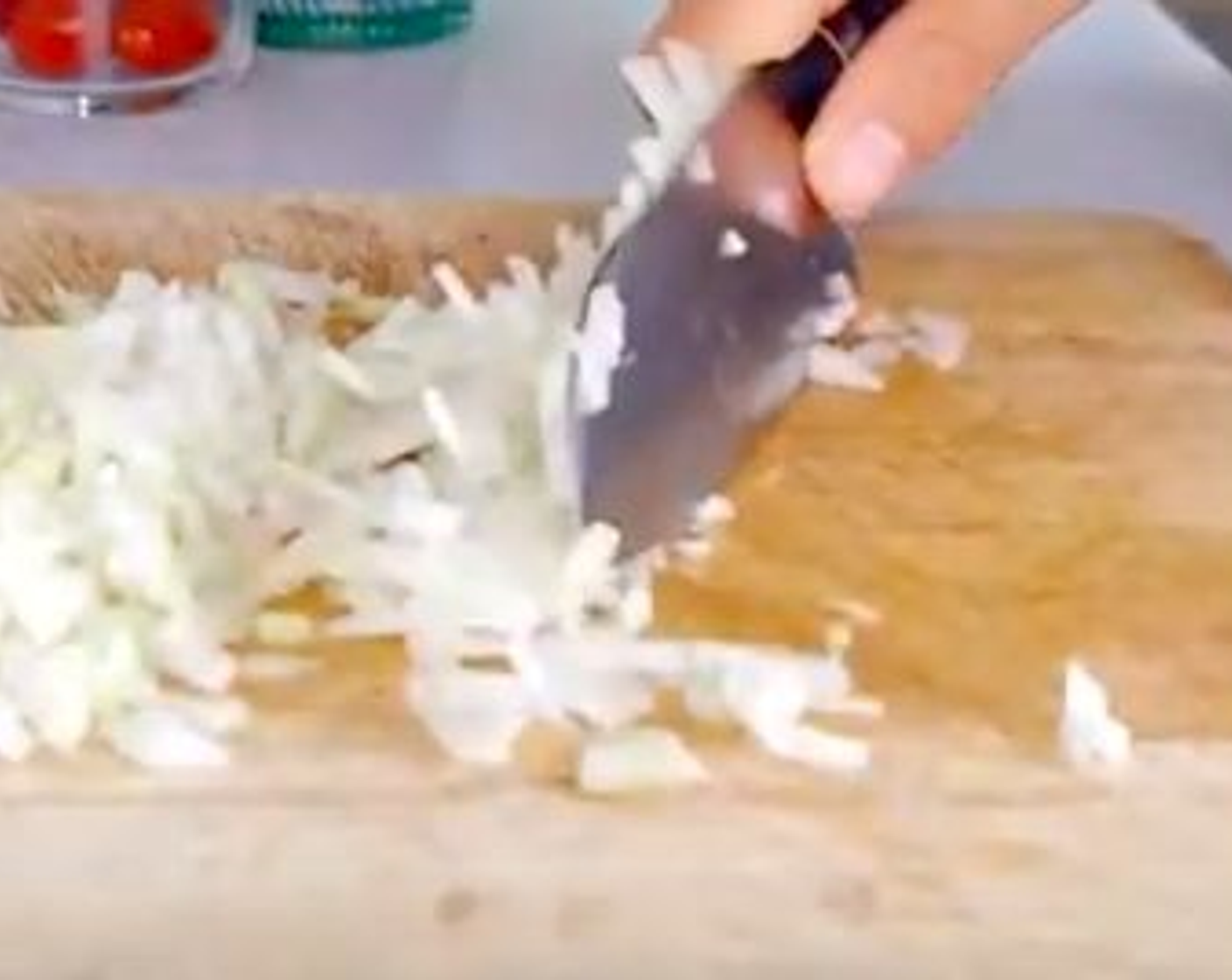 step 1 The first thing is to finely chop the White Onion (1/2), Garlic (2 cloves), Plum Tomatoes (8), and Fresh Basil Leaf (1 handful). Set aside.