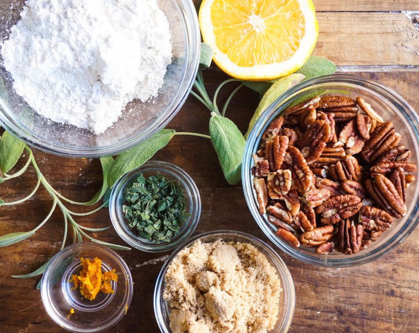 step 10 For the topping, combine the All-Purpose Flour (1/2 cup), Brown Sugar (1/4 cup), Pecans (1 cup), Sage Leaves (6), Kosher Salt (1 pinch), and Orange (1/2 Tbsp) in a bowl. Taste for flavor and adjust as needed.