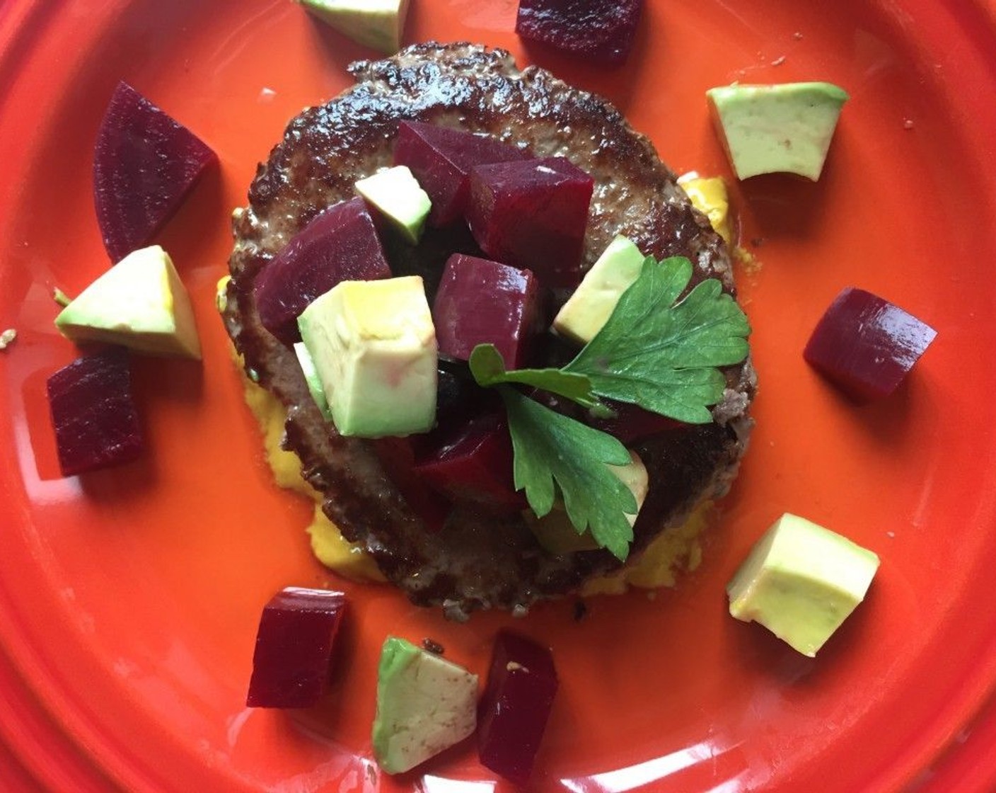 Beef Patty with Beet and Avocado Salad