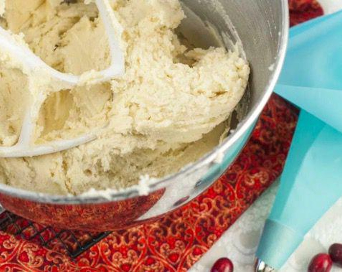 step 6 Add All-Purpose Flour (3 cups), Powdered Confectioners Sugar (1 1/4 cups), Corn Starch (1/4 cup), Pure Vanilla Extract (1 tsp), and Salt (1 pinch). Continue to beat until smooth and fluffy, approximately 3-4 minutes, scraping bowl and paddle down at least twice.