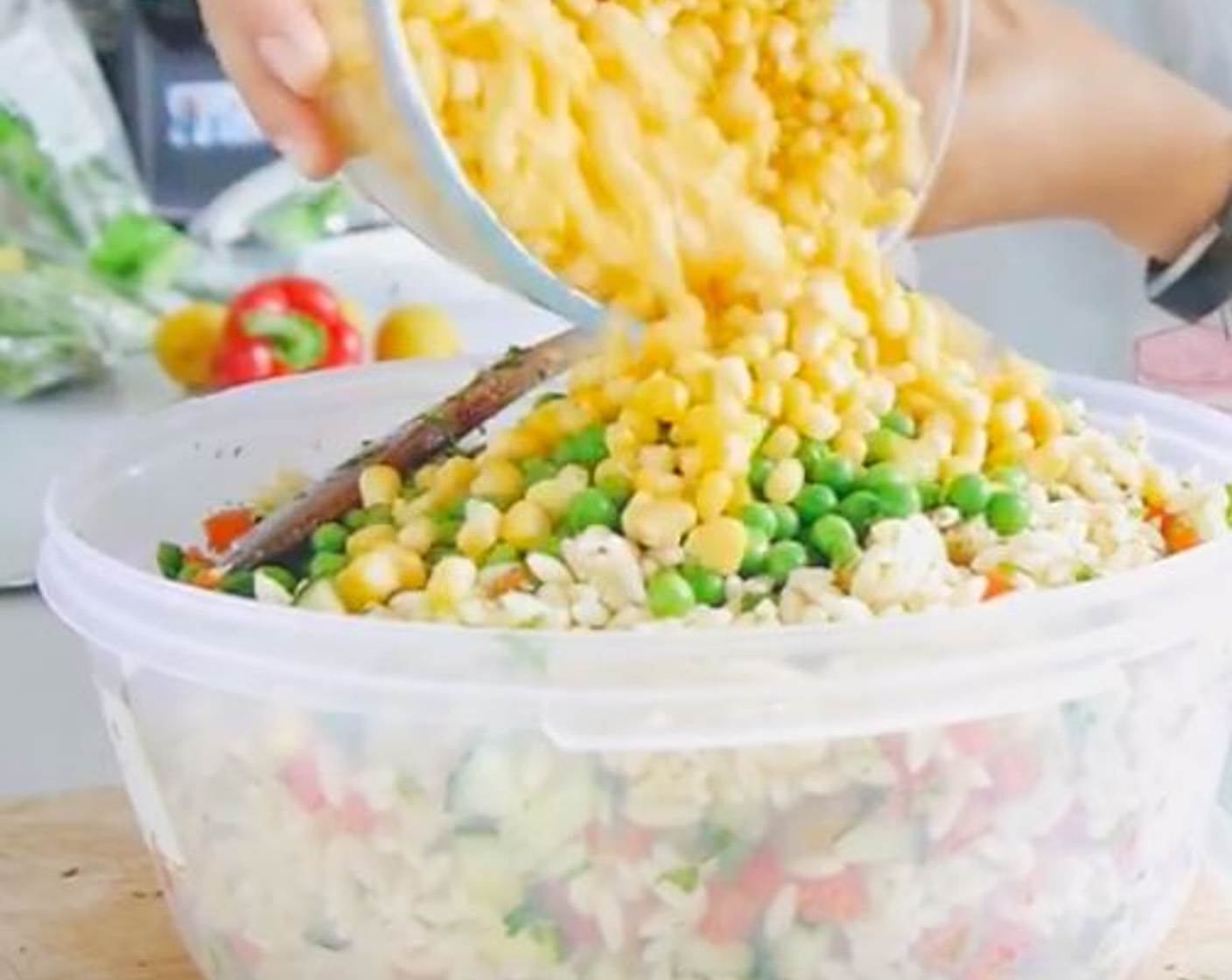 step 3 In a large bowl, combine the chopped tomatoes, cucumber, red pepper, Cherry Tomato (1 cup), Green Olives (1 cup), Fresh Basil (1 cup), Fresh Chives (1 cup), Fresh Dill (1 cup), Fresh Parsley (1 cup), Fresh Cilantro (1 cup), pasta, Green Peas (1 cup), Sweet Corn (2 cups), and {@10:} and Ground Black Pepper (to taste).