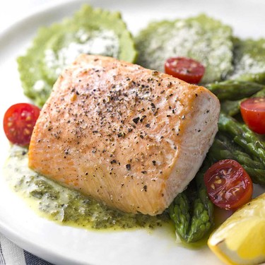 Roasted Salmon with Asparagus Ravioli Recipe | SideChef