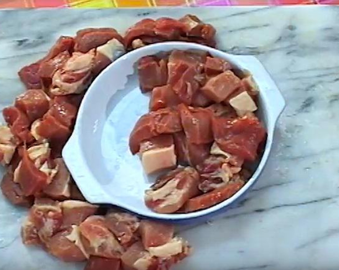 step 1 Cut the boneless Beef (10.5 oz) and Pork (7 oz) into medium sized pieces and mix them in a bowl.