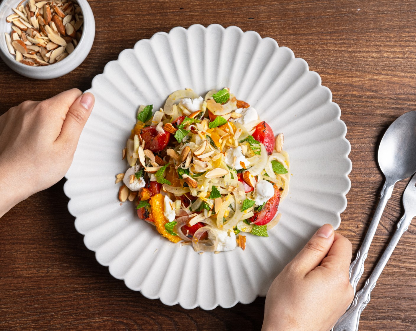 step 5 Transfer to a serving plate with Bocconcini (3) Roasted Almonds (1/4 cup). Serve.