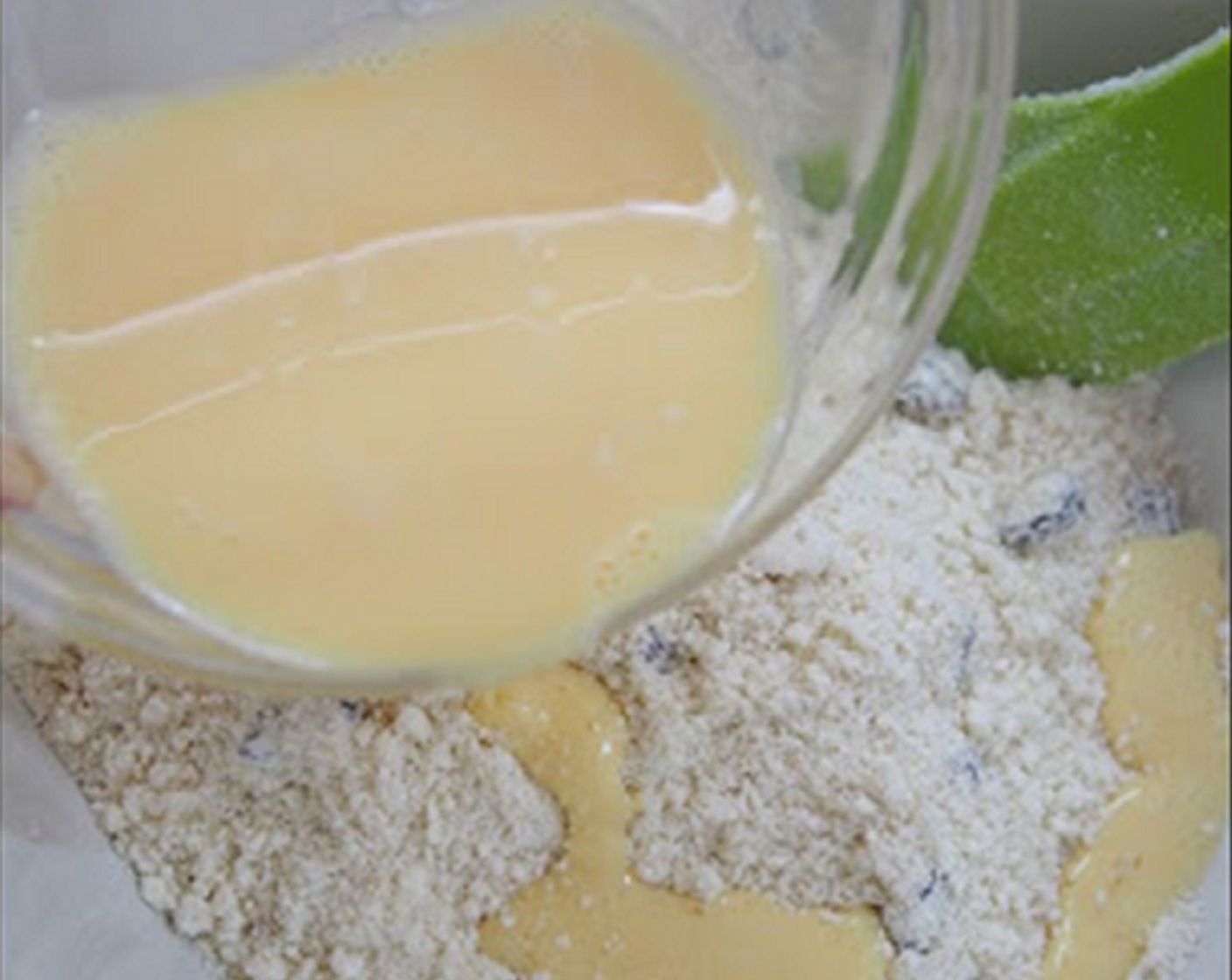 step 6 Add egg mixture and mix with a spatula with cutting movement until all come together. If the dough seems too dry, add a little more buttermilk, a teaspoon at a time. Using hand, roughly make dough into a ball. Place the dough in the fridge for 10 – 15 minutes.