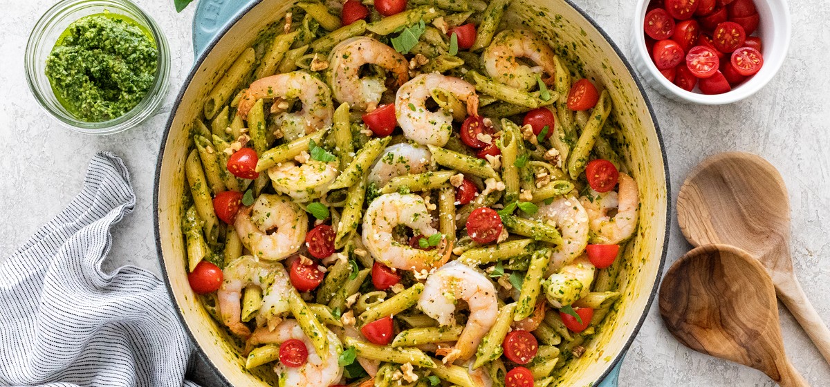 One-Pot Shrimp Pesto Pasta Recipe | SideChef