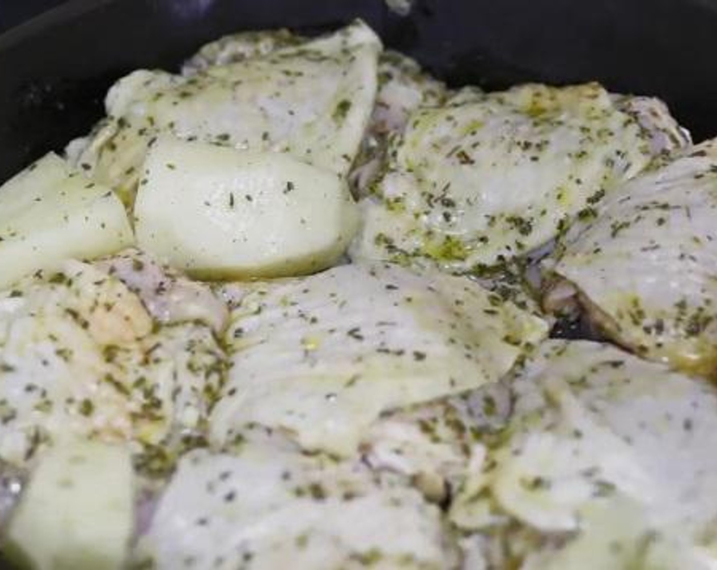 step 3 Place the chicken in your baking pan or cast iron skillet skin side up. Add the potatoes in between the chicken pieces. Pour over the marinade. Roast for 40-45 minutes or until browned and crispy.