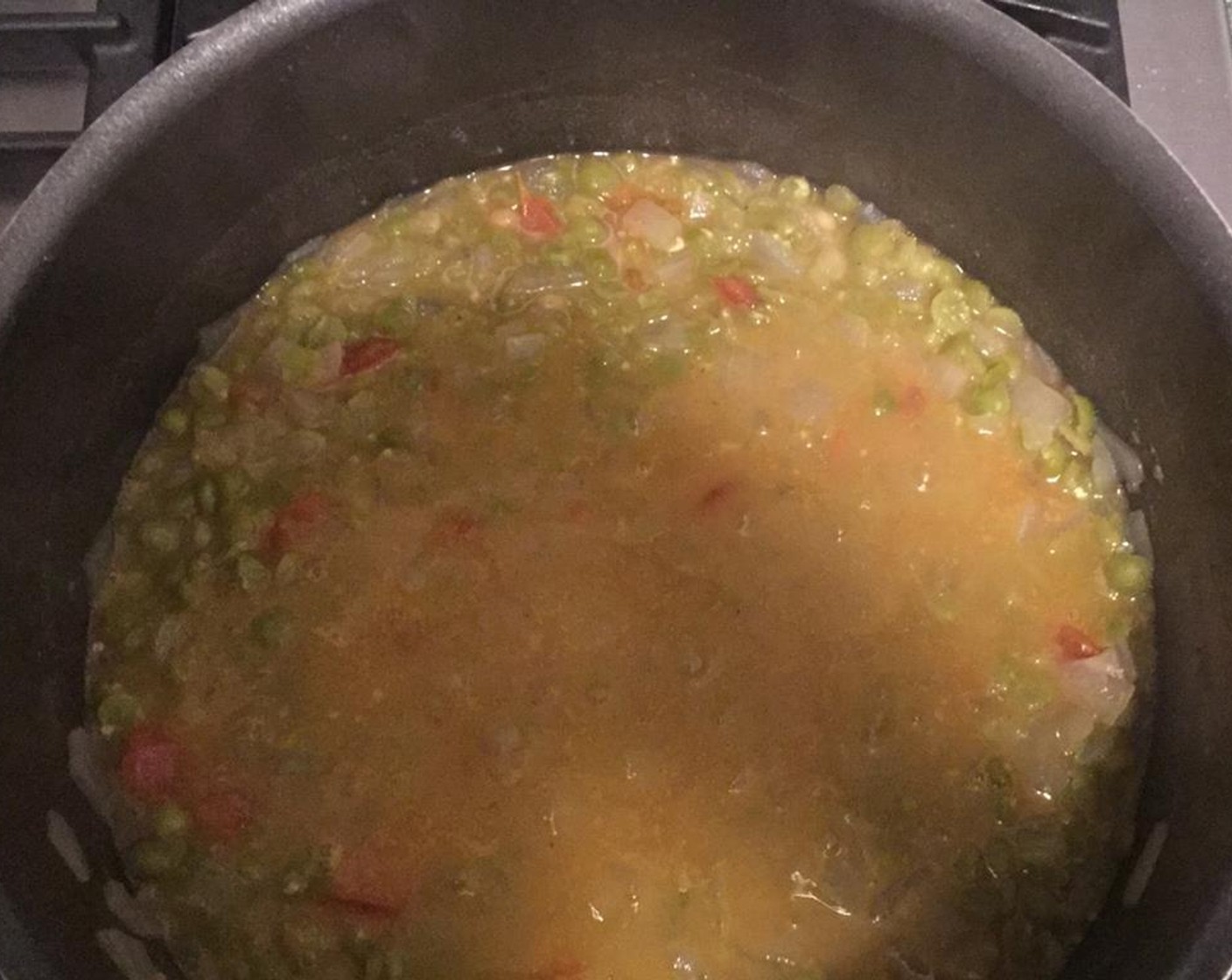 step 8 When water starts boiling, lower the heat to the low and cook until split peas are soft. Stir every 5 minutes. Add more water if the mixture starts to dry up.
