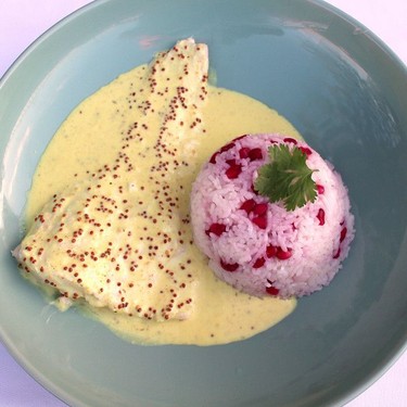 Poached Cod Fillet with Whole-Grain Mustard Sauce and Pomegranate Pilaf Recipe | SideChef