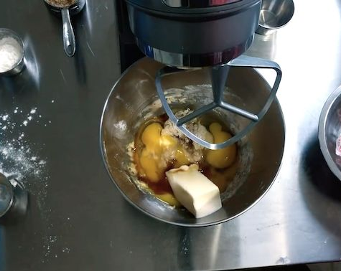 step 2 After it has rested add the Pineapple Juice (1/2 cup), Eggs (3), Brown Sugar (1/3 cup), Unsalted Butter (1/4 cup), Vanilla Extract (1 tsp), and mix until completely combined.