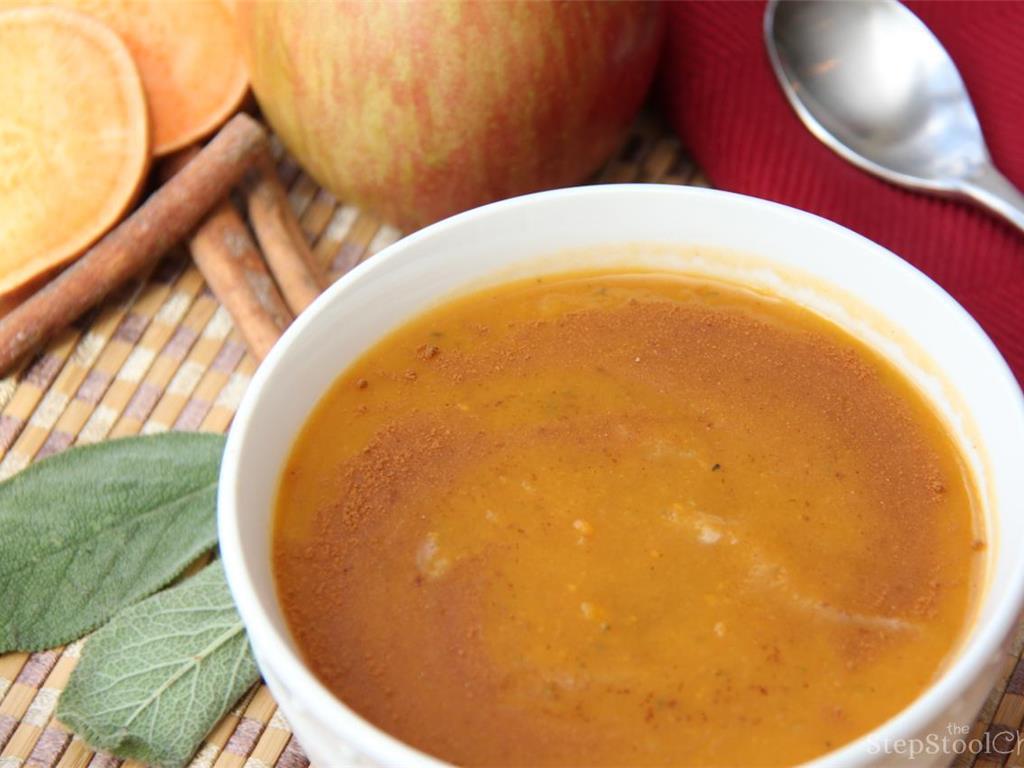 Step 2 of Sweet Potato and Apple Soup Recipe: Use a hand immersion blender and mix the ingredients in the slow cooker until creamy. Add Salt (1/8 teaspoon) and Freshly Ground Black Pepper (1 tablespoon) to taste.