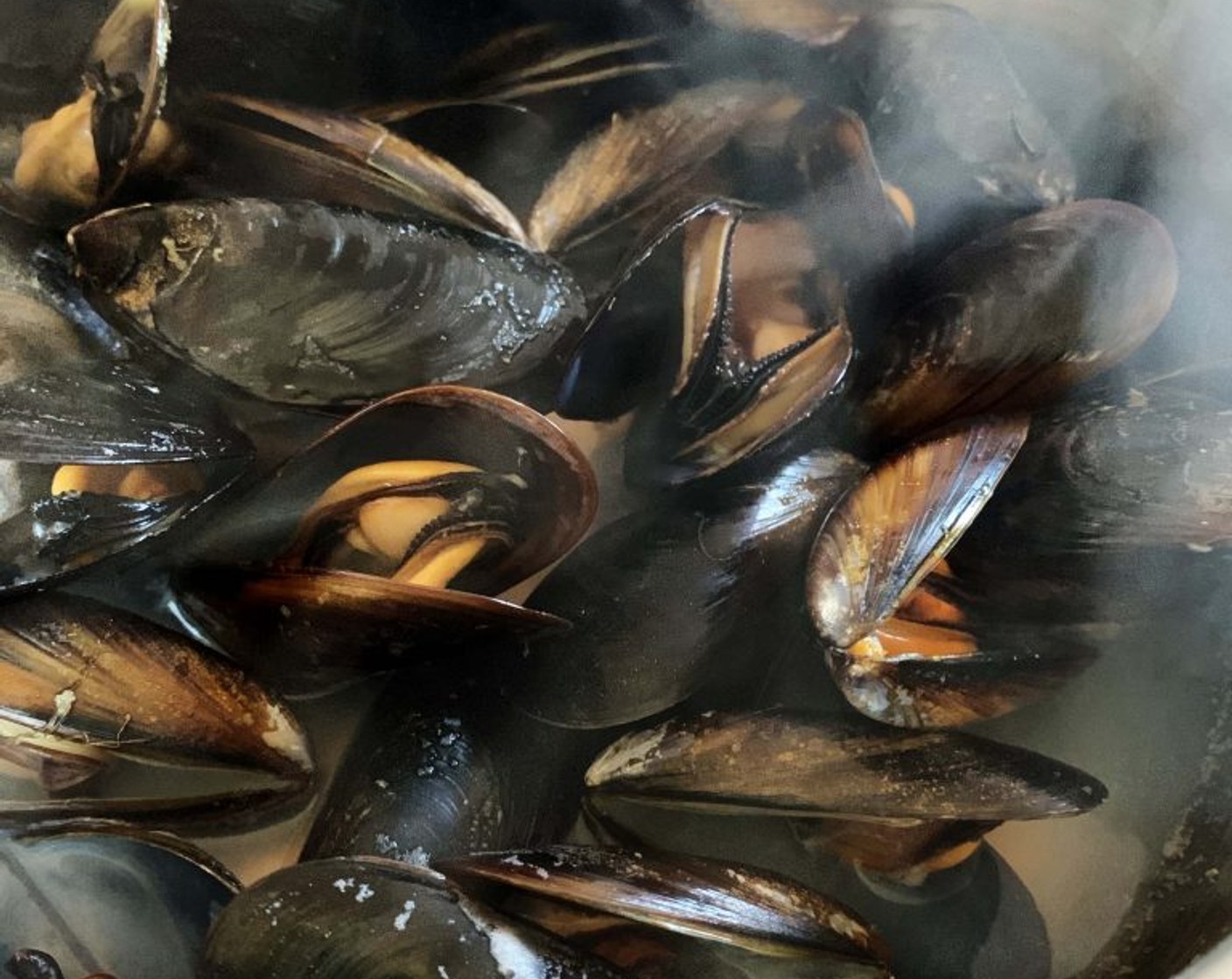 step 1 Wash and clean the Fresh Mussels (2.2 lb). Remove any dirt which has crusted on the shell, then place them in a large pot and cook on medium heat covered with a lid until they open up.