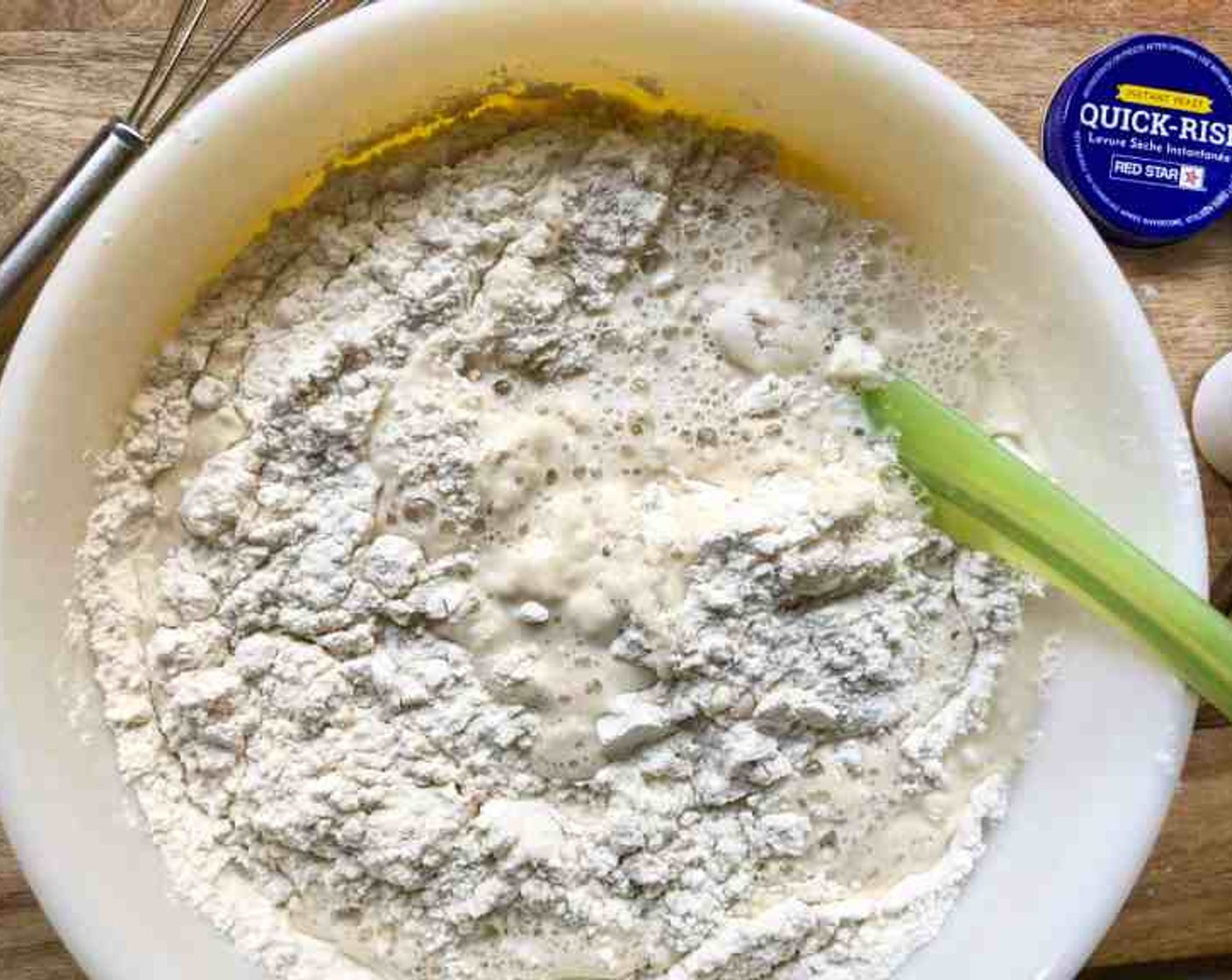 step 1 To make the dough, in a large bowl, whisk together the Unbleached All Purpose Flour (4 cups), Kosher Salt (1/2 Tbsp), and Instant Dry Yeast (1 tsp). Add the Water (2 cups). Using a rubber spatula, mix until the liquid is absorbed and the ingredients form a sticky dough ball.