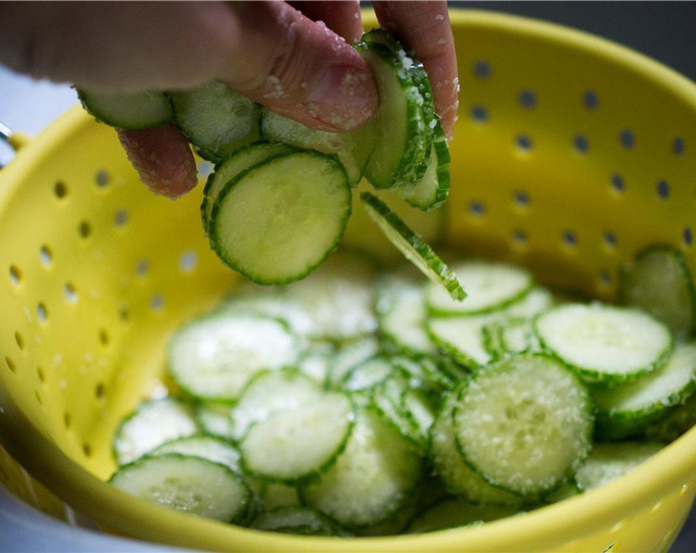 step 3 Sprinkle with Kosher Salt (1 Tbsp), tossing the cucumber slices to coat (this will draw out the moisture).  Allow to sit for 20 minutes.