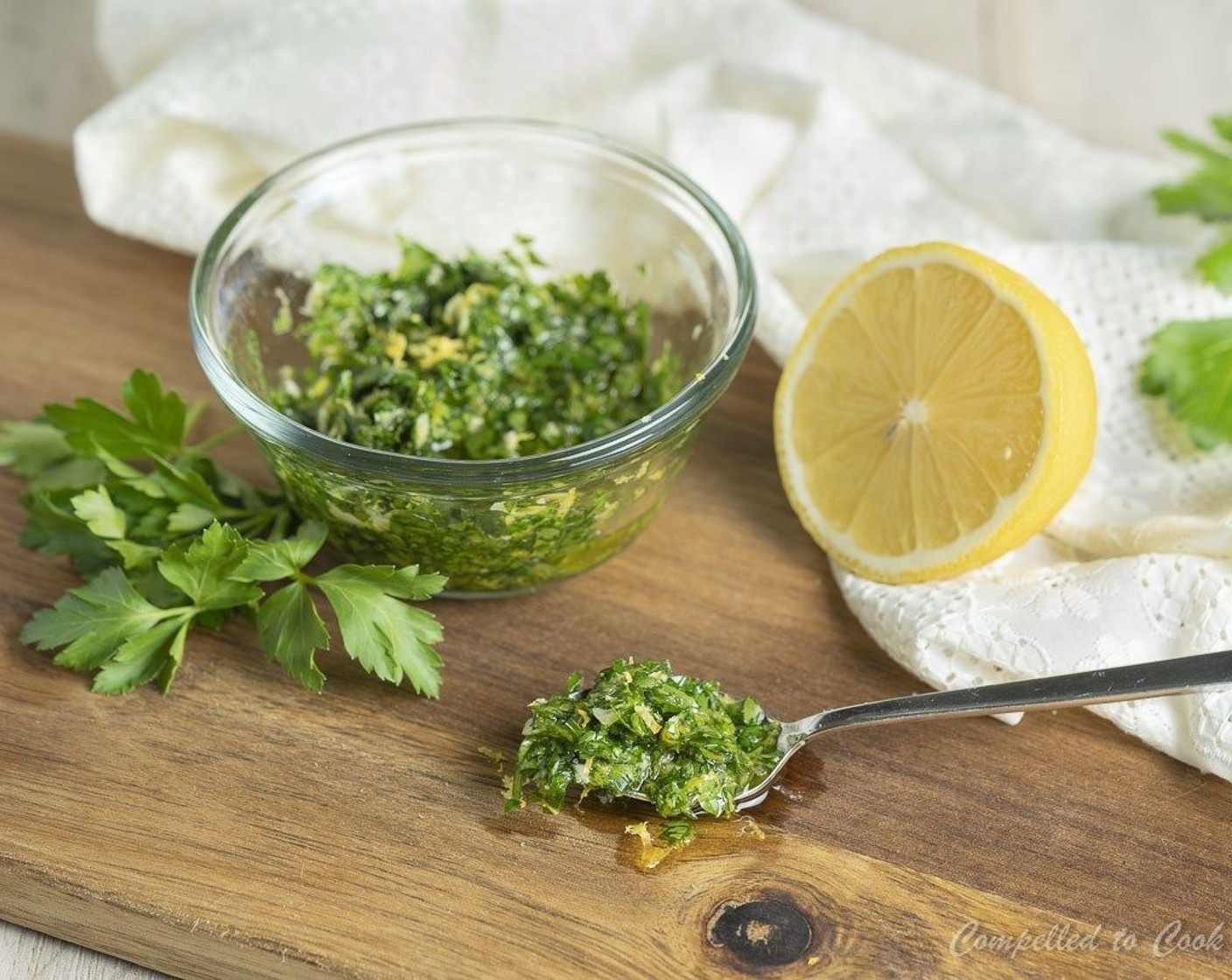 step 2 In a large bowl stir together Italian Flat-Leaf Parsley (1/3 cup), Olive Oil (3 Tbsp), Garlic (1 clove), zest of the Lemon (1), and Kosher Salt (1/4 tsp). Set aside.