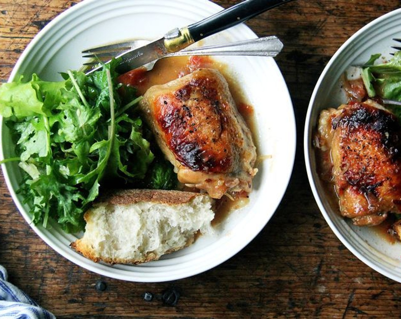 step 11 Serve chicken with plenty of the cooking juice pooling all around—I like using shallow bowls for this one. Serve with crusty Bread (to taste) and salad if you wish.