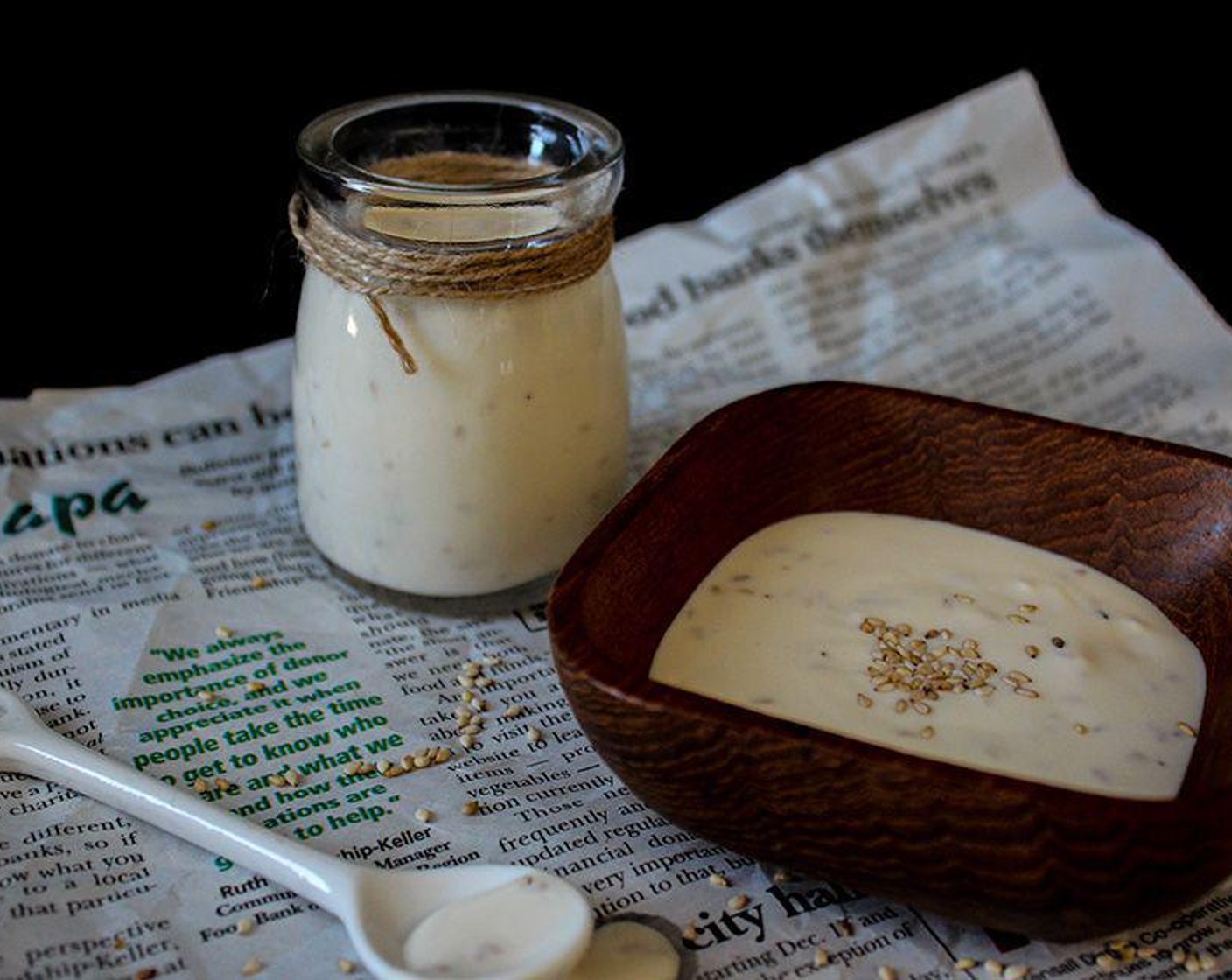 step 1 Combine Toasted White Sesame Seeds (1 Tbsp), Sour Cream (1/2 cup), Mayonnaise (1/4 cup), Honey (1 Tbsp), Sesame Oil (1 Tbsp), Soy Sauce (1/2 Tbsp), Sriracha (1 Tbsp) and refrigerate for 1 hour before using.