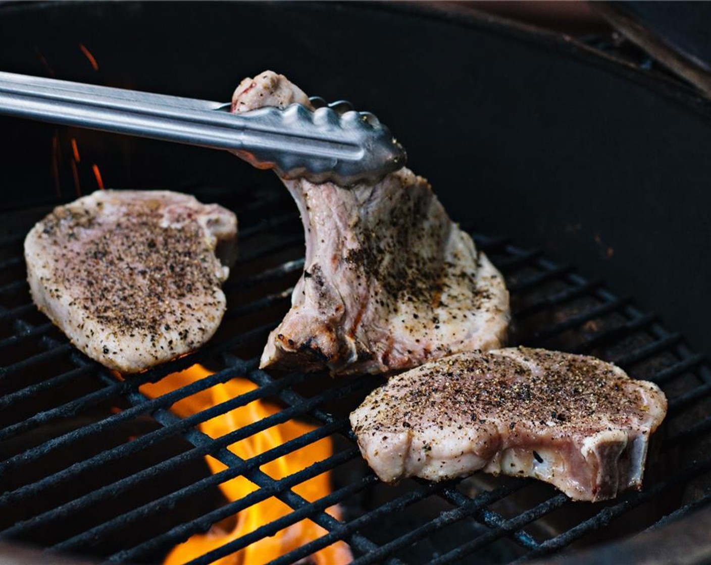 step 7 Turn each onto its rounded, fatty edge, either propping the chops against each other to cook them all together or taking turns holding them up with tongs. Cook until the fatty edge is golden and crispy, about 3 minutes.