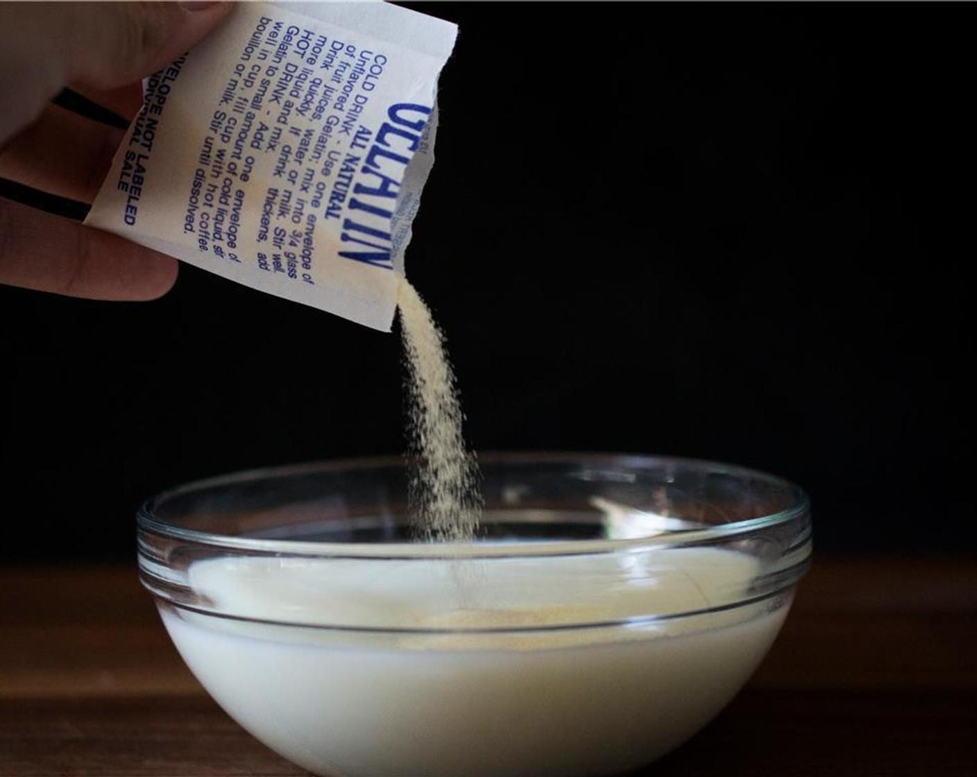 step 1 Pour the Whole Milk (1 cup) into a small bowl. Sprinkle the Gelatin Powder (1 Tbsp) over the milk and let it sit for 3 – 5 minutes.