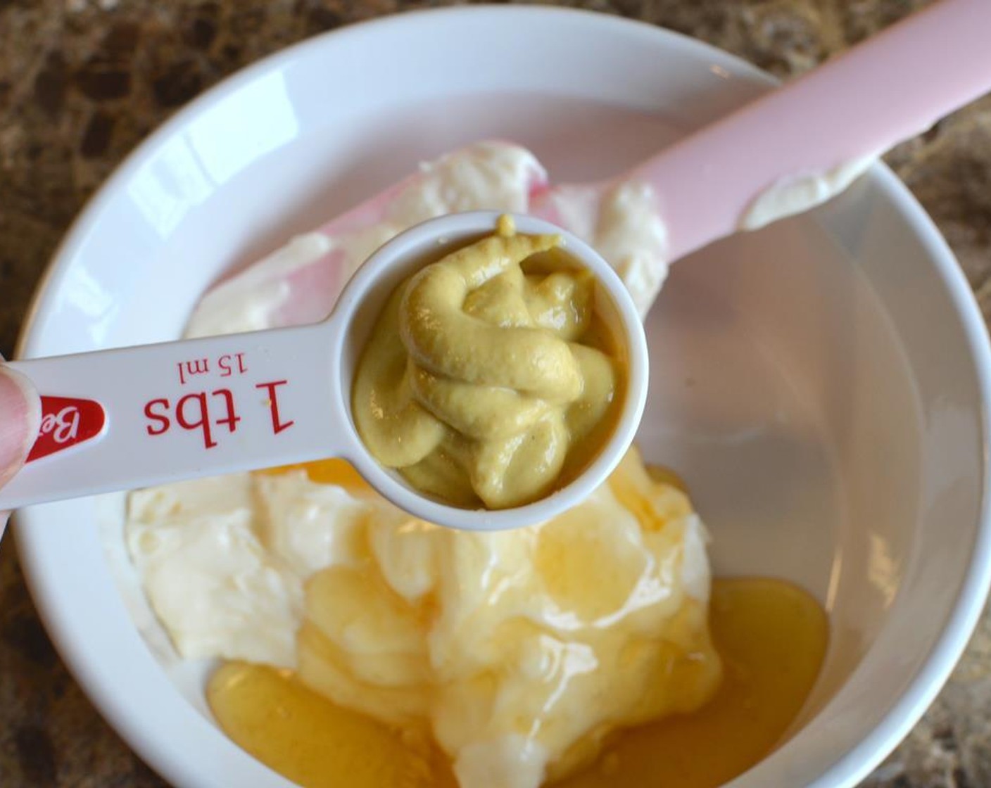 step 14 To make dipping sauce, combine Mayonnaise (1/2 cup), Honey (3 Tbsp), Dijon Mustard (1 Tbsp), Yellow Mustard (1 Tbsp), juice from Lemon (1) and Salt (to taste).