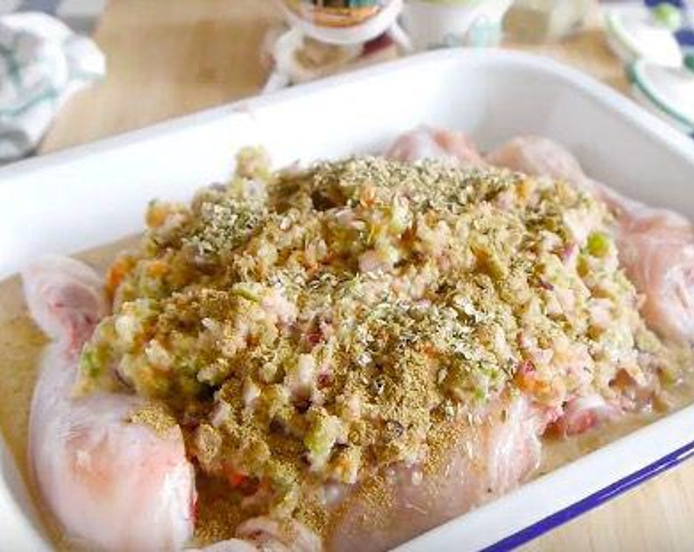 step 2 In an oven safe dish, place the Chicken Drumsticks (7) and add the marinate, Dried Oregano (1/2 Tbsp), Dried Basil (1 tsp), Dried Rosemary (1/4 tsp), Ground Black Pepper (1/2 tsp), Worcestershire Sauce (1/4 cup), Salt (1/2 Tbsp), McCormick® Garlic Powder (1 tsp), Roasted Cumin Powder (1 tsp) and mix together. Leave to rest for minimum of 1 hour or overnight.