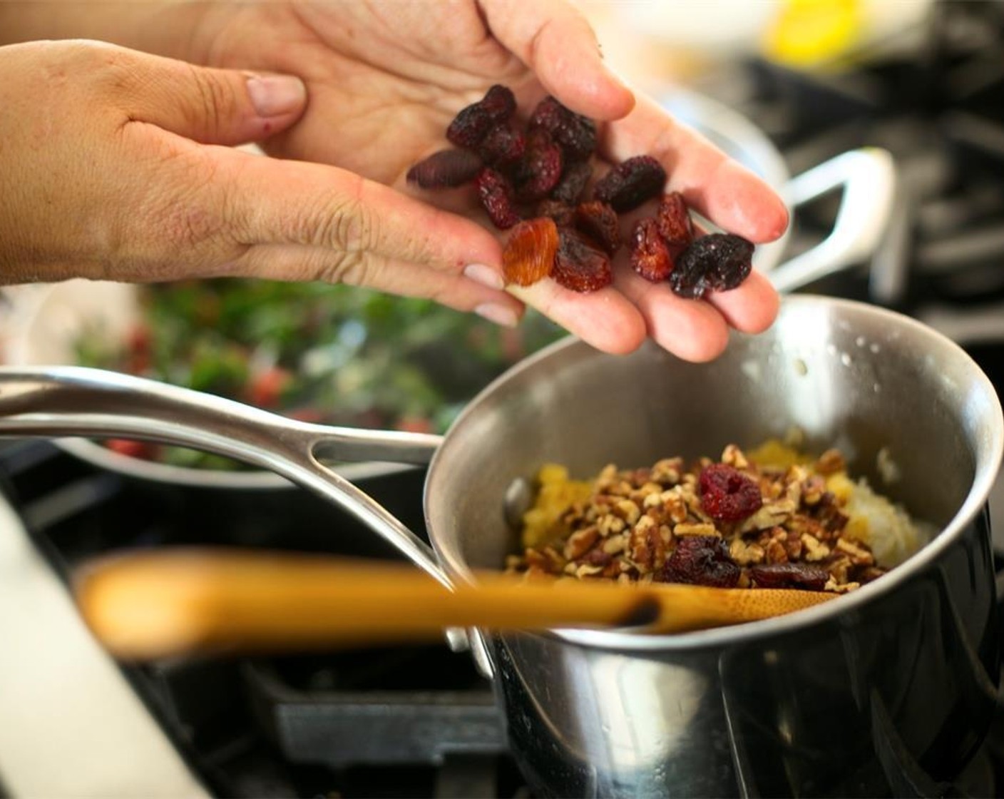 step 12 Add cooked lentils, Chopped Pecans (1/3 cup), Dried Cherry (1/4 cup), chopped mint, last tablespoon of Butter (1 Tbsp), Salt (1/2 tsp), and Ground Black Pepper (1/4 tsp) to the cooked brown rice. Stir until well combined.