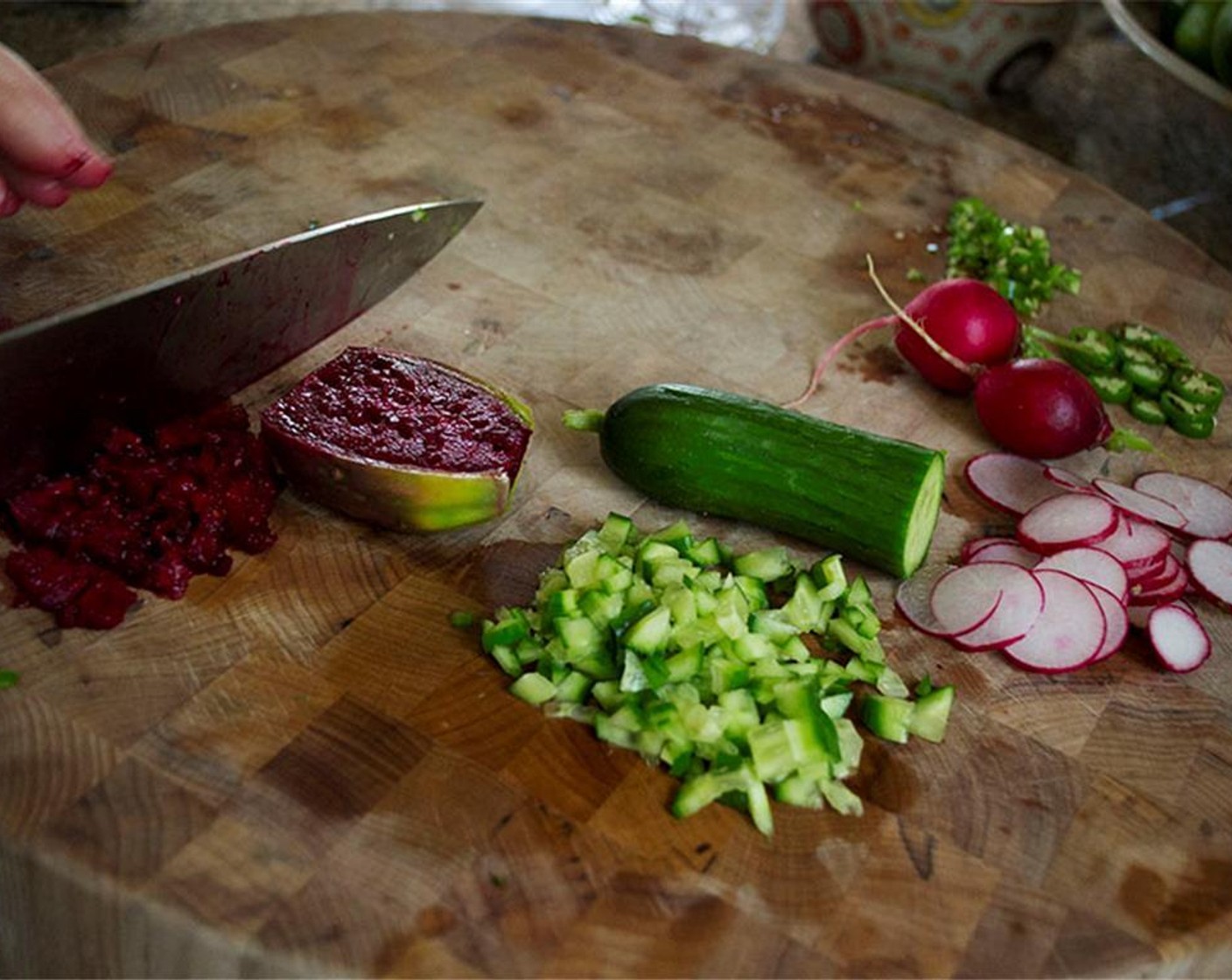 step 7 Finely chop the Cucumber (1 Tbsp) and Prickly Pear (1 Tbsp).