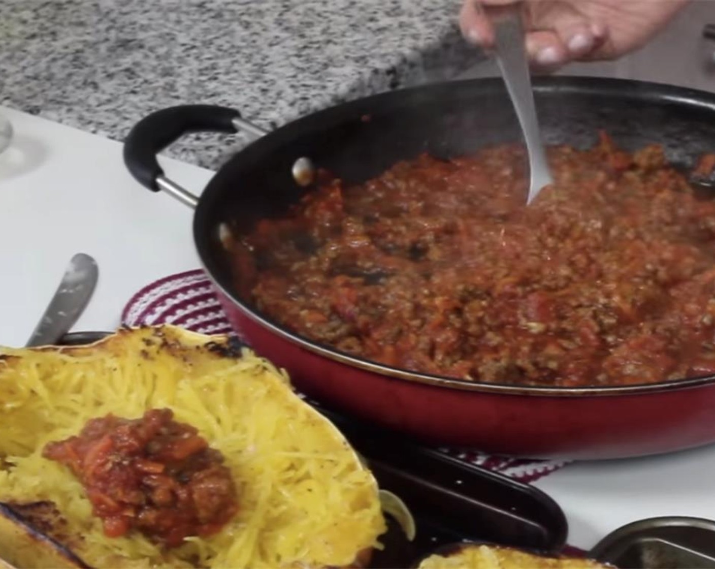 step 18 Top the squash with a generous amount of meat sauce. Use leftover meat sauce the next day over pasta.