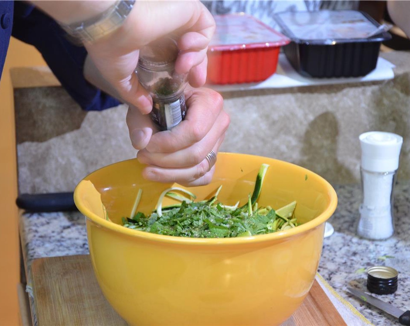 step 3 Toss the zucchini in a bowl with the Extra-Virgin Olive Oil (4 Tbsp), juice from Lemon (1) and torn mint leaves. Season with Kosher Salt (to taste) and Ground Black Pepper (to taste).