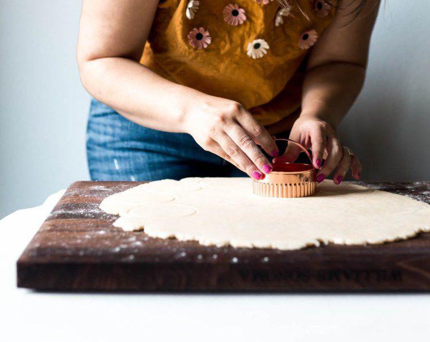 step 7 Cut rolled dough with a biscuit cutter into about 16 disks. Return to the fridge for a few minutes if the disks begin to get soft.