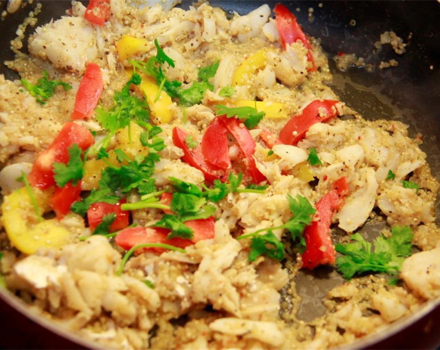 step 5 Sprinkle the Fish Fillet (1 lb) on both sides with Ground Cumin (1 tsp), Salt (1/8 tsp), and Ground Black Pepper (1/8 tsp) and add to the pan with the bell peppers. Add the remaining 1/8 cup of Lime Juice and cook, turning once, for 5 minutes per side, or until the fish flakes easily.