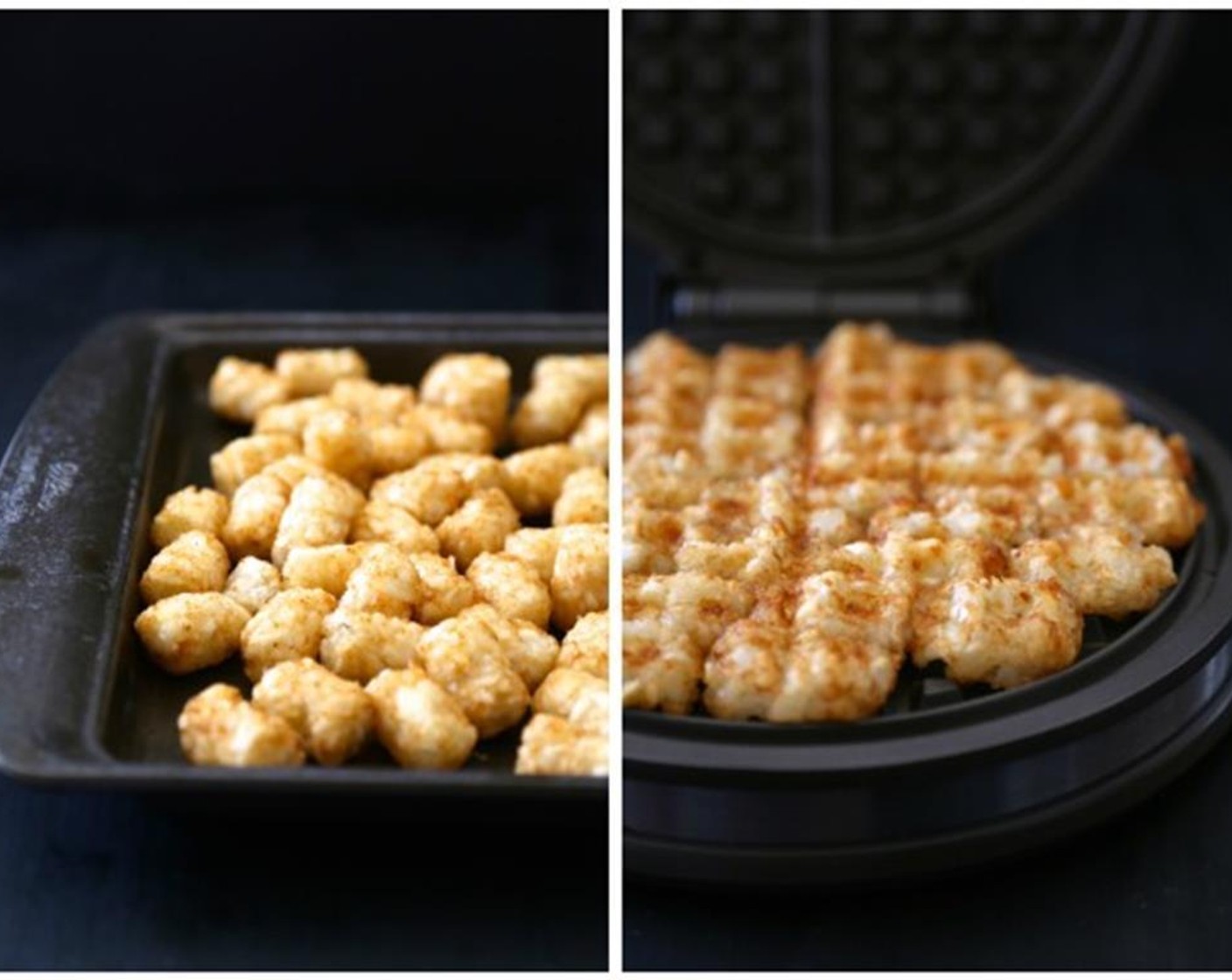 step 7 Heat a waffle iron. Place about 15 to 20 tots evenly onto the waffle iron. Slowly press down on the tots until flattened. Cook tots for about 2 to 3 minutes.