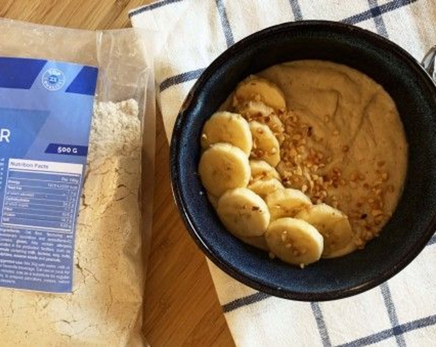 step 3 Pour into a bowl and top it off with some Banana (1/2) and some Chopped Nuts (to taste). Breakfast is ready!