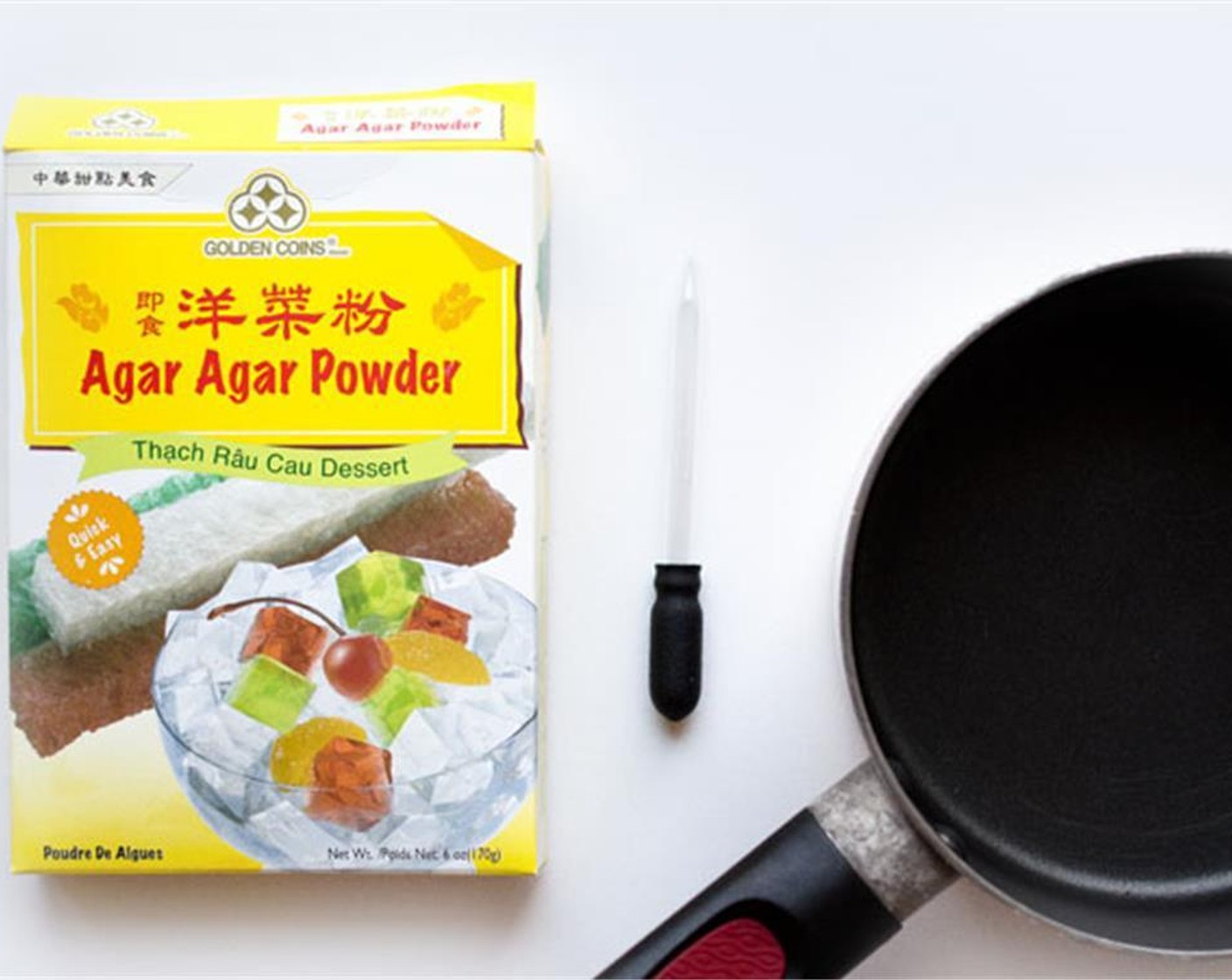 step 2 In a small saucepan, bring Sriracha (1/4 cup), Water (1/4 cup), and Agar-Agar Powder (1 Tbsp) to a slow simmer over medium heat, stirring constantly. If mixture begins to smoke, remove pan from stove, reduce heat, then continue cooking.