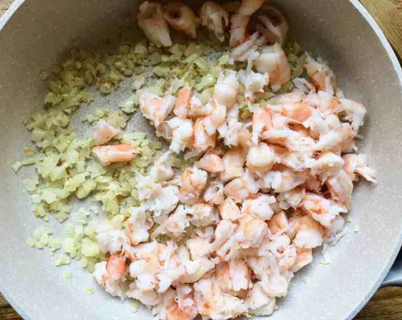 step 2 Add Cooked Shrimp (1 lb) and cook for 2 more minutes, stirring frequently. Remove the mixture from the pan, cover and keep warm.