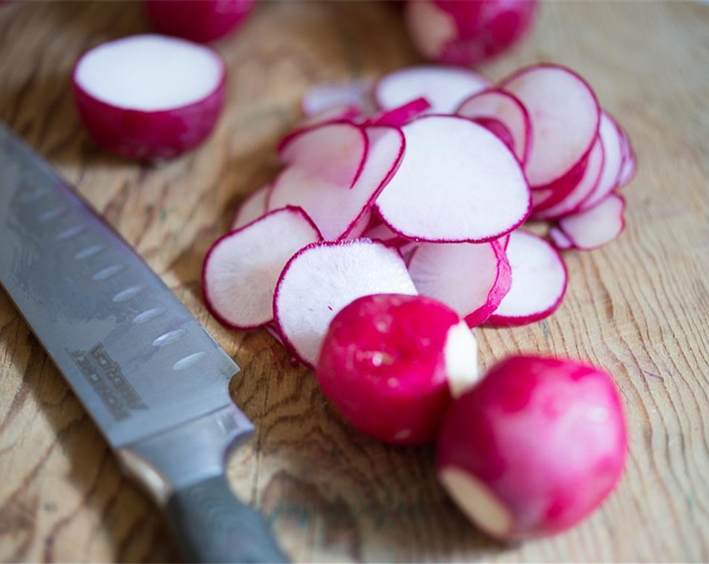 step 4 Thinly slice Radish (1 bunch) and place into the bowl. Very thinly slice the Red Onion (1/4) and place in the bowl. Add Italian Flat-Leaf Parsley (1/4 cup)