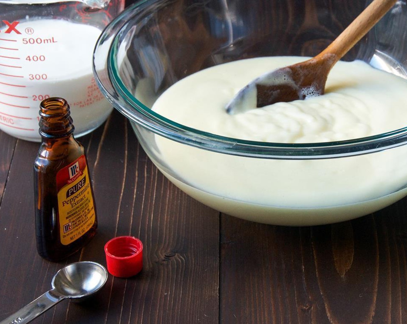 step 6 Stir in the Heavy Cream (1 cup) and Peppermint Extract (1/2 Tbsp). Cover with plastic wrap and refrigerate until very cold, at least 2 hours or overnight.