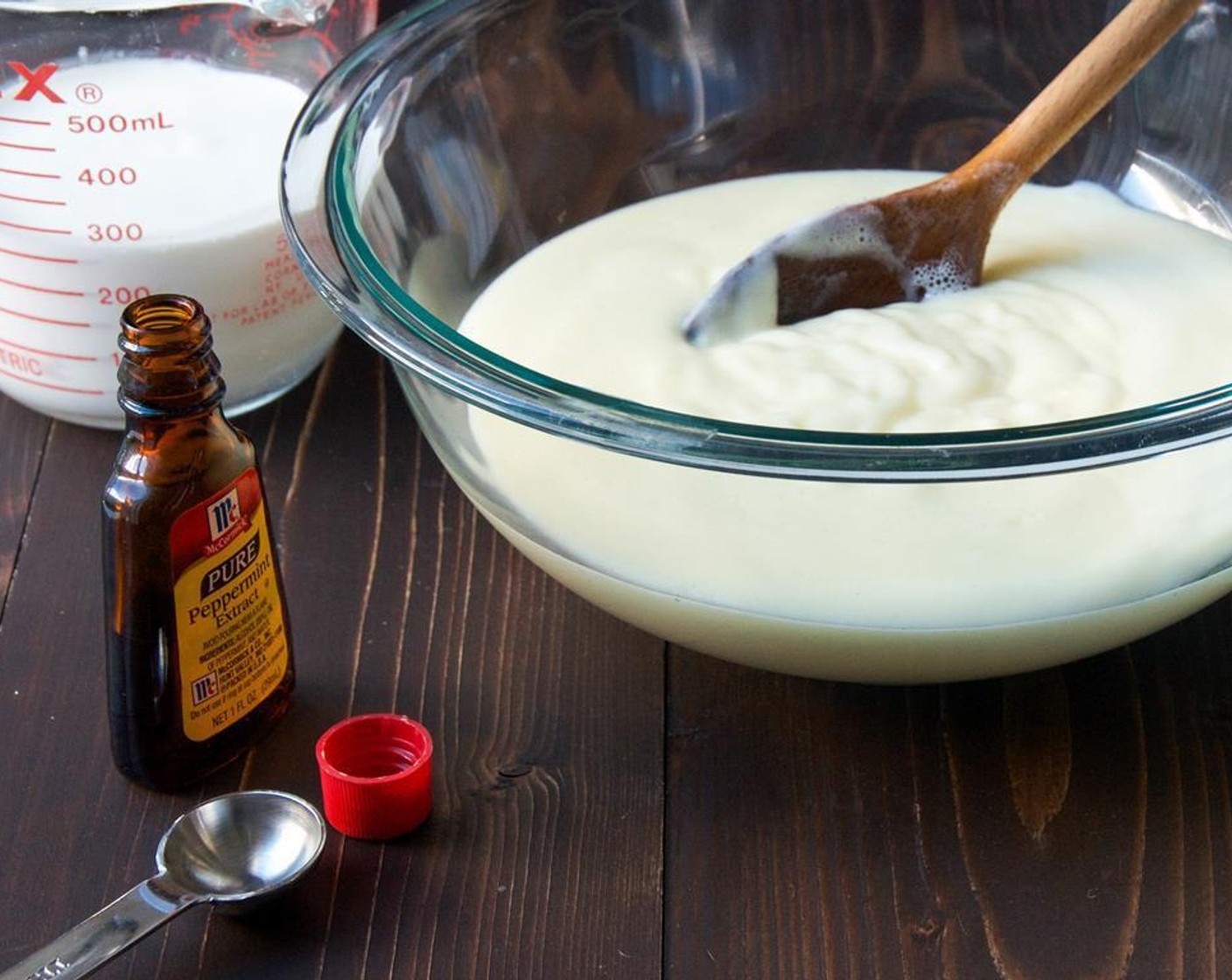 step 6 Stir in the Heavy Cream (1 cup) and Peppermint Extract (2 tsp). Cover with plastic wrap and refrigerate until very cold, at least 2 hours or overnight.