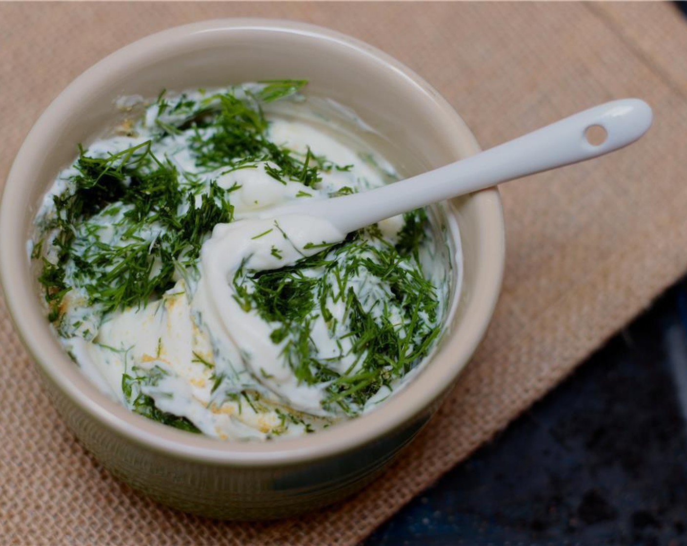 step 5 While the salmon cooks, whisk together the Crème Fraîche (1/2 cup), Dill (2 tablespoon), and Granulated Garlic (1 tsp) in a small bowl until smooth. Season with Kosher Salt (to taste) and Ground Black Pepper (to taste). Set aside.