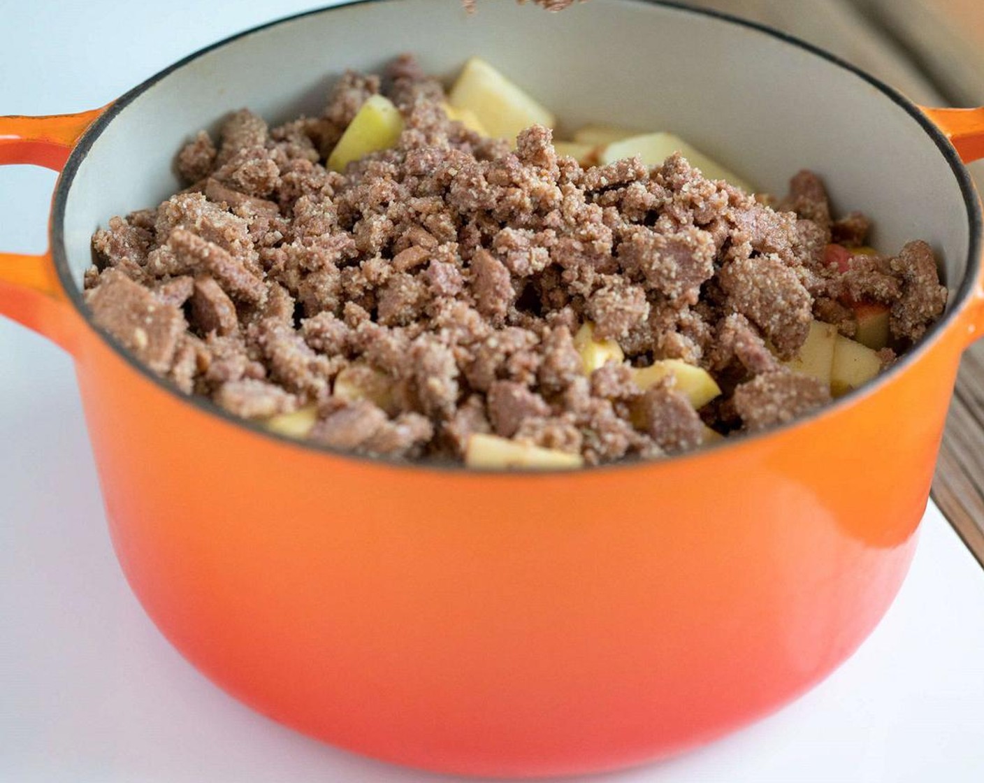 step 6 Sprinkle the topping over top of the apples. Bake for 30-35 minutes until the apples are soft. Just stick a fork into the apples to test it.