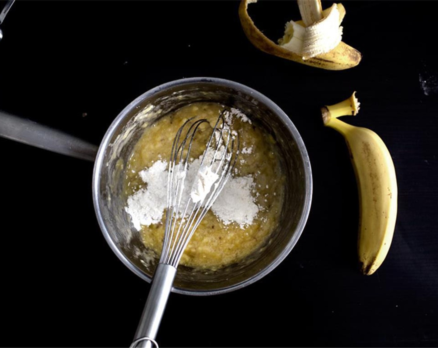 step 1 Combine the Bananas (2) and Brown Sugar (2 Tbsp) in a pot, then mash/liquify the bananas as much as you can with a whisk. Add Bread Flour (3 Tbsp) and mix well.