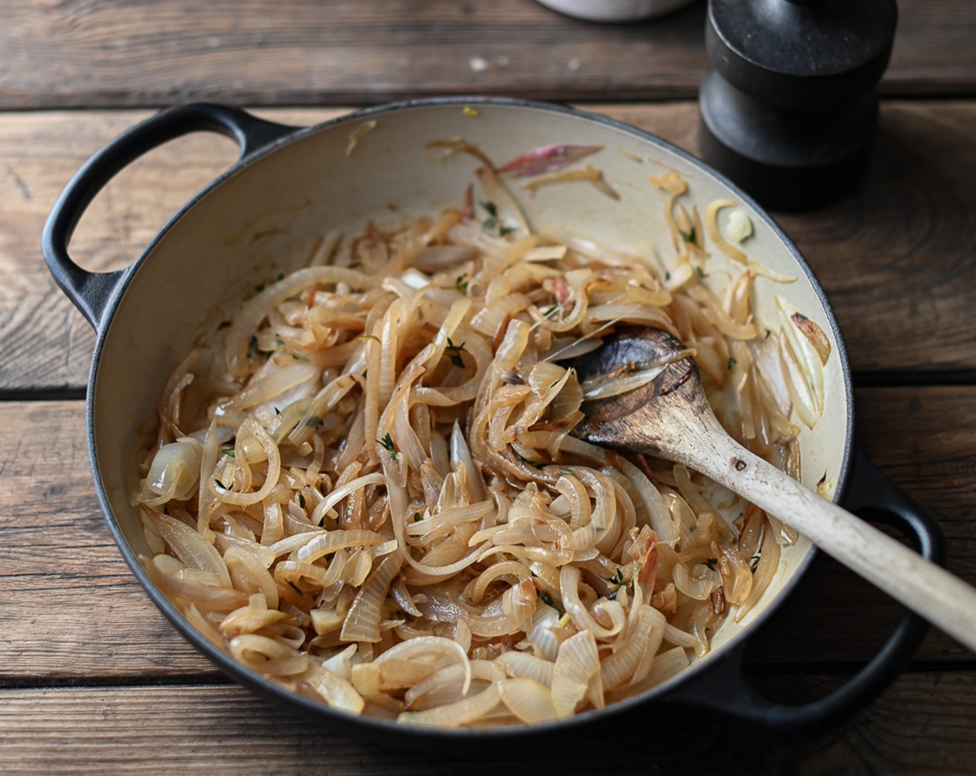 step 5 In a pan over medium heat, melt the Butter (0.5 oz) and fry the Shallots (6) until tender and translucent (don’t let them brown.) Strip the leaves from the Fresh Thyme (2 sprigs) and add to the shallots. Set aside until needed.