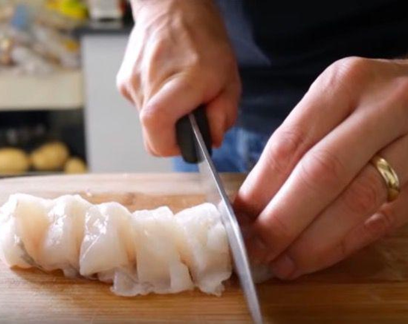 step 1 Cut Fresh Squid Tubes (1) into small 1-inch squares.