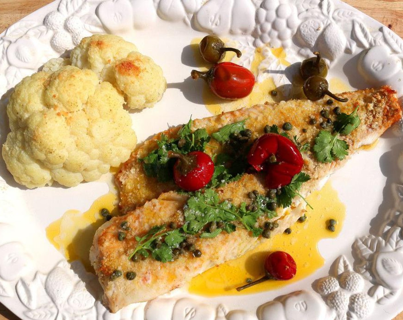 Baked Atlantic Cod Fillet, Cauliflower, Sweet Cherry Peppers and Capers