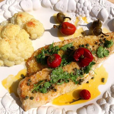 Baked Atlantic Cod Fillet, Cauliflower, Sweet Cherry Peppers and Capers Recipe | SideChef