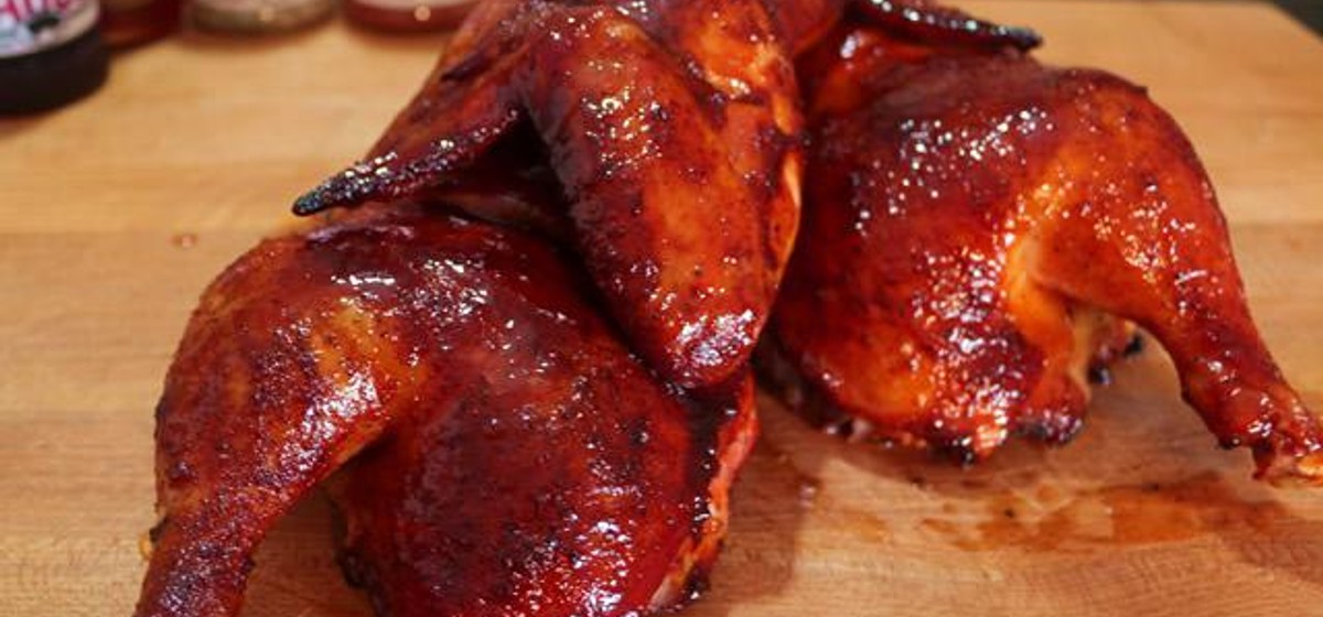 Smoked Half Chickens with a Spicy Peach BBQ Sauce Recipe | SideChef