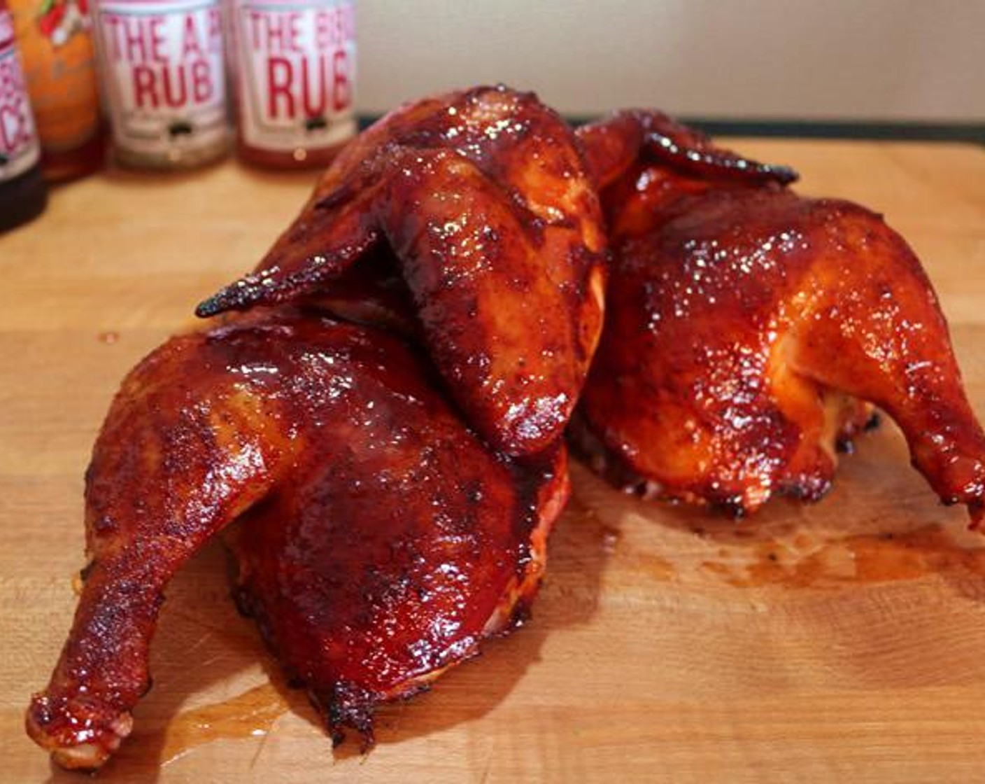 Smoked Half Chickens with a Spicy Peach BBQ Sauce