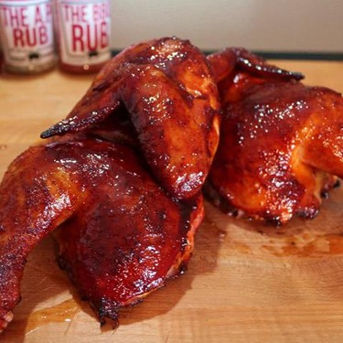 Smoked Half Chickens with a Spicy Peach BBQ Sauce Recipe | SideChef
