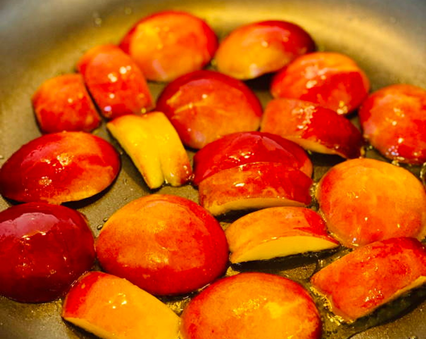 step 6 Place the Peaches (3) face down and fry or grill for a few minutes on each side until golden brown or grill marks appear. Once the peaches are lightly cooked just to soften them, remove them from the heat.