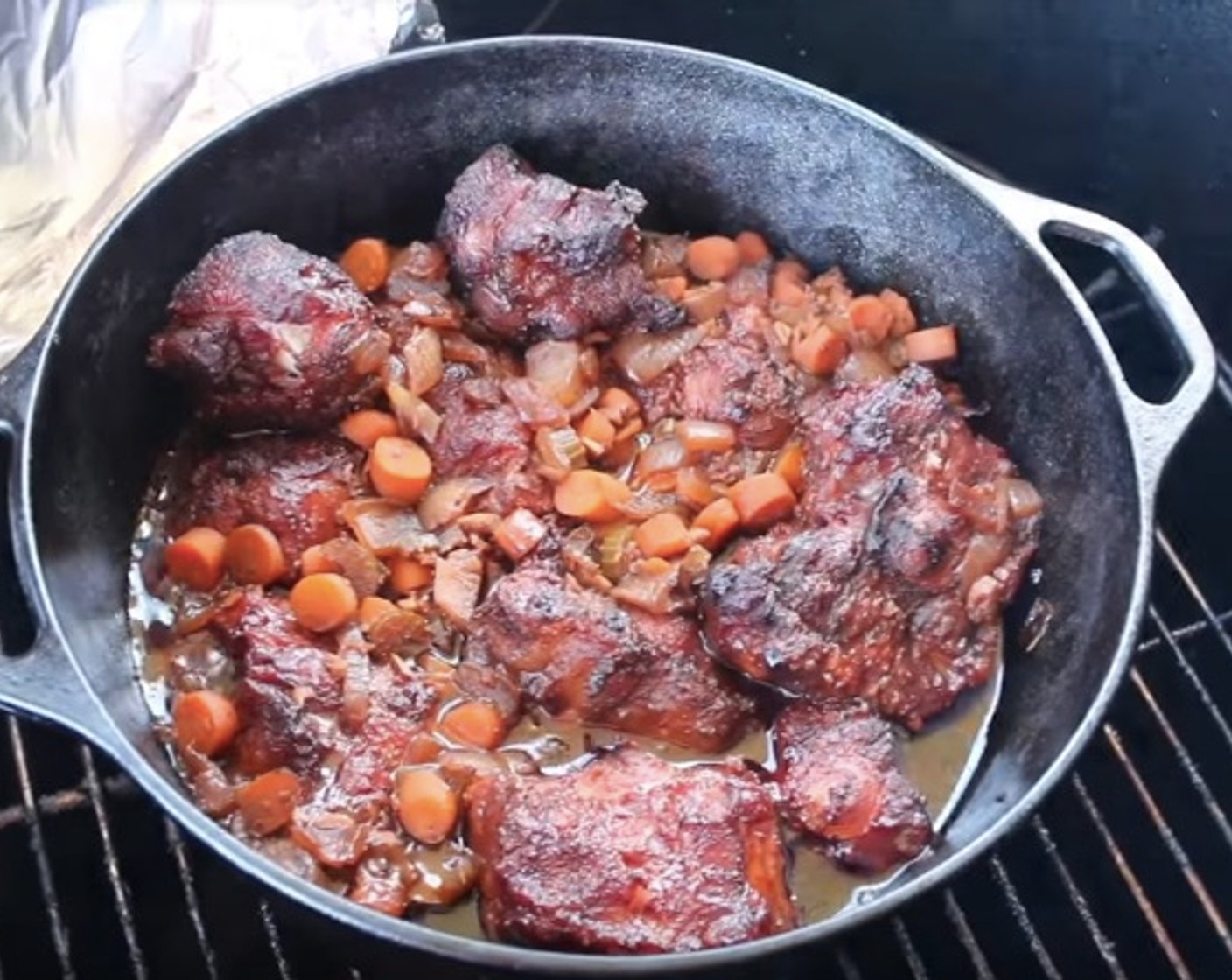 step 9 Place the iron pot on the smoker and continue to cook at 275 degrees F (140 degrees C) for 2 1/2 hours, or until oxtails are fork tender.